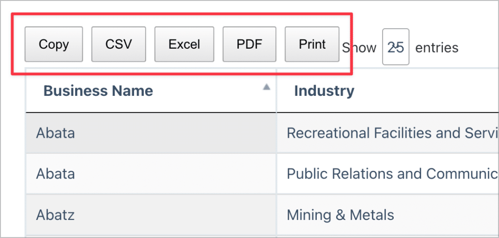 The export buttons for the GravityView DataTables layout, allowing you to export data to CSV, Excel, PDF.