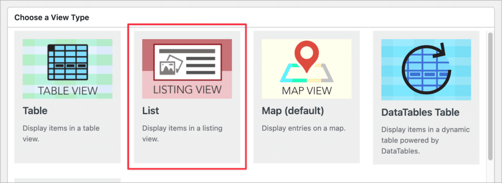 The different View Types available in GravityView, with the 'List' view highlighted