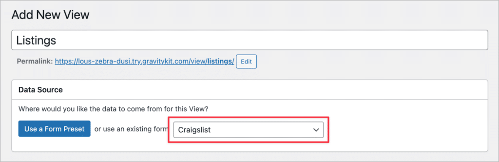 A dropdown field for selecting a data source for a new View in GravityView