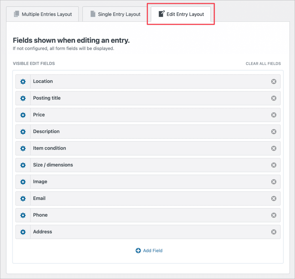 The 'Edit Entry Layout' configuration tab in the GravityView View editor