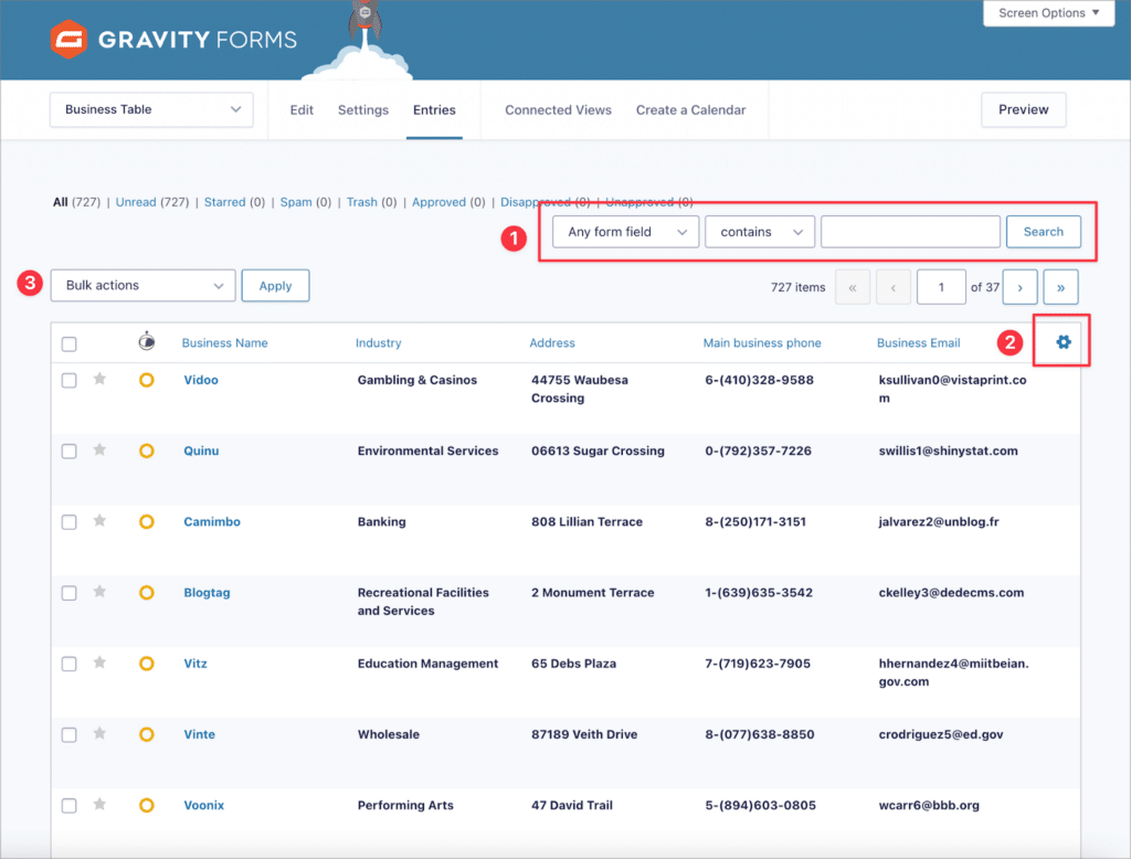 The 'Entries' page in Gravity Forms, allowing Admins to search and categorize entries