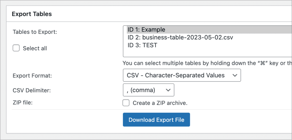 The export settings in TablePress