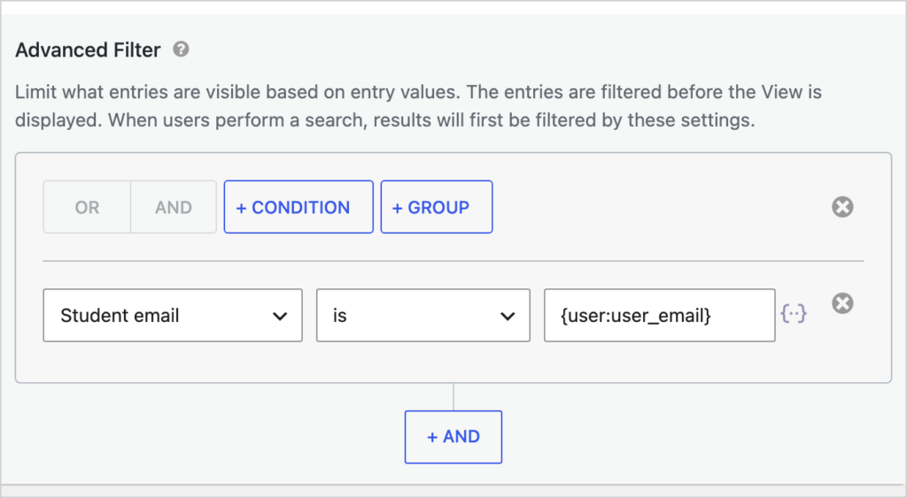 A GravityView Advanced Filter condition: Student email is {user:user_email}