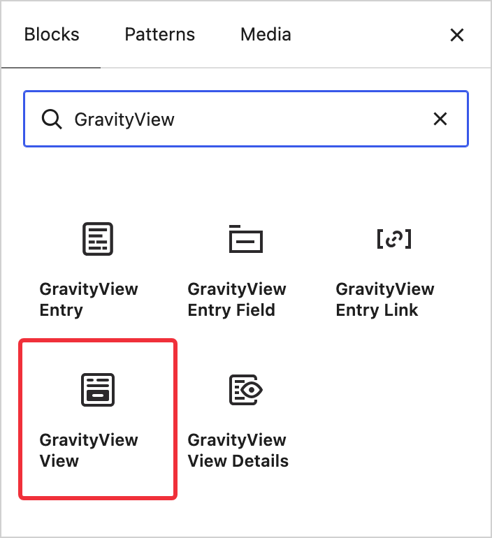 The WordPress block inserter searched for GravityView, with the GravityView View block highlighted