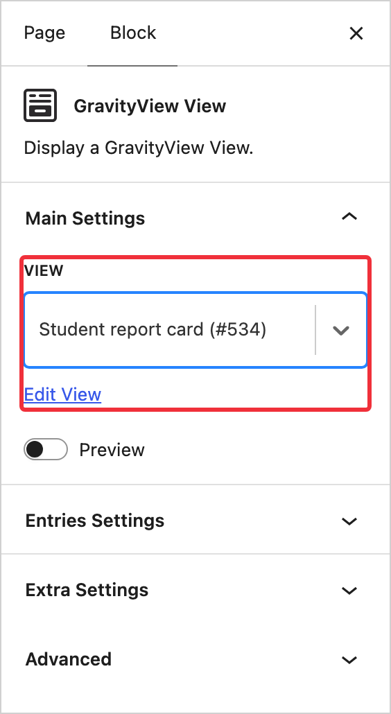 GravityView View block settings with the Student report card View selected