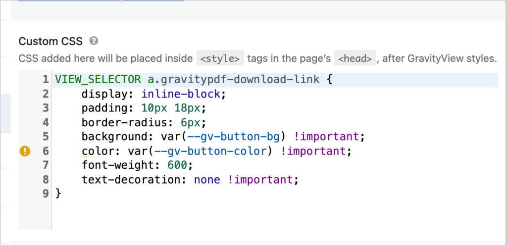 The Custom CSS box in the GravityView Custom Code settings, with CSS that styles the PDF download link as a button