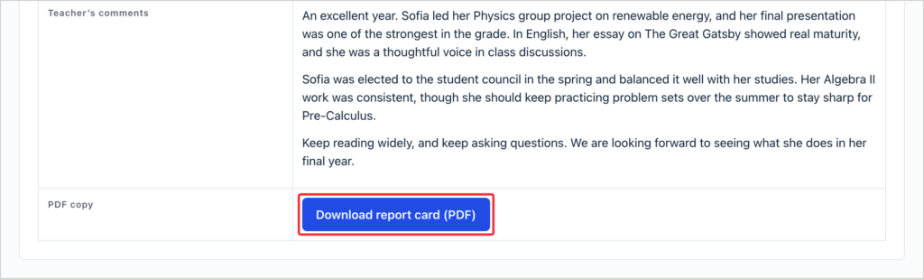 The Download report card (PDF) button highlighted at the bottom of a report card
