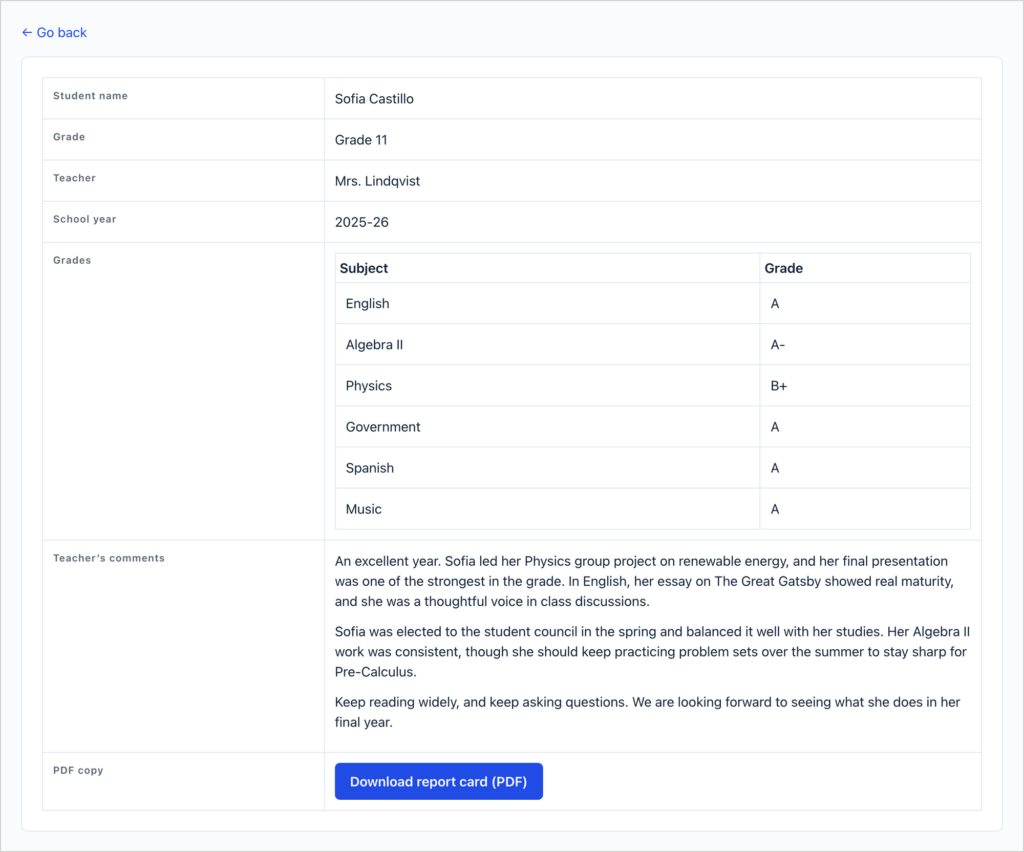 A student report card built with GravityView, showing Sofia Castillo's grade, teacher, school year, a table of subjects and grades, the teacher's comments and a Download report card (PDF) button