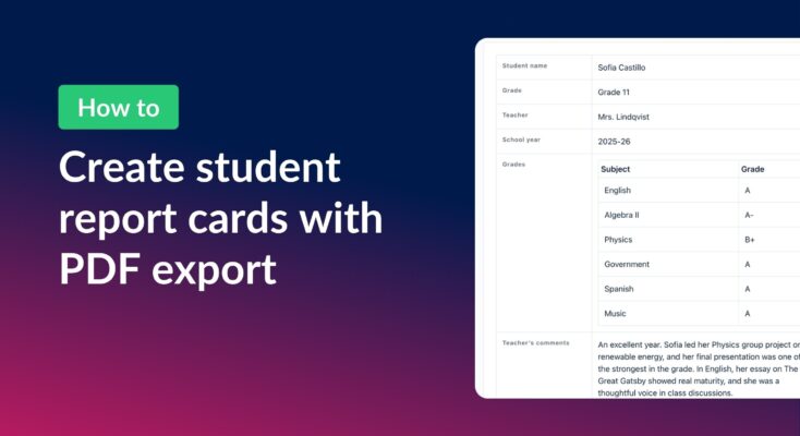 How to create student report cards with PDF export, next to a GravityView report card showing grades by subject