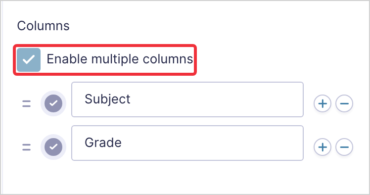 The List field settings in Gravity Forms with Enable multiple columns checked and two columns, Subject and Grade