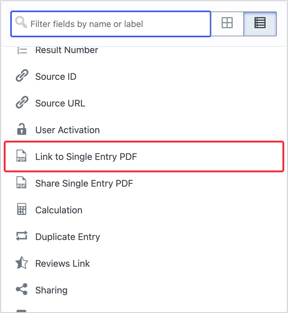 The GravityView field picker with the Link to Single Entry PDF field highlighted, next to Share Single Entry PDF