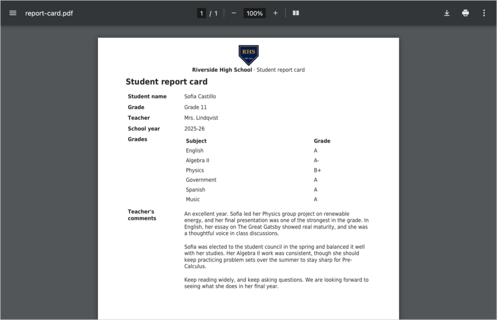 The report-card.pdf file open in a PDF viewer, showing the Riverside High School logo and name at the top, the student's details, a table of subjects and grades, and the teacher's comments
