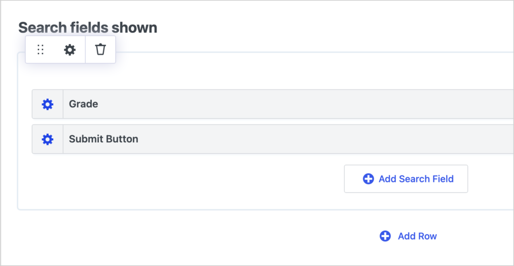 The Search Bar widget settings in GravityView with a Grade search field and a Submit button