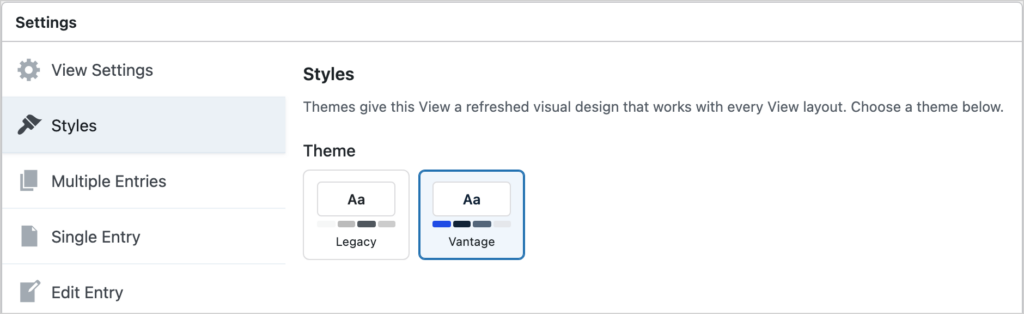 The Styles tab in the GravityView View settings with the Vantage theme selected
