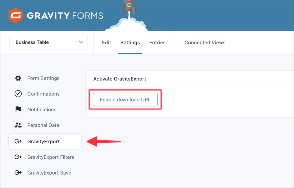 The 'Enable download URL' button in GravityExport