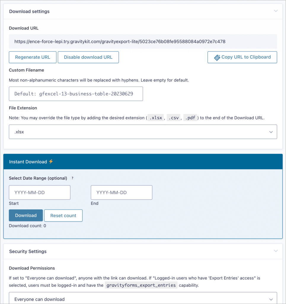 The download settings for the GravityExport feed