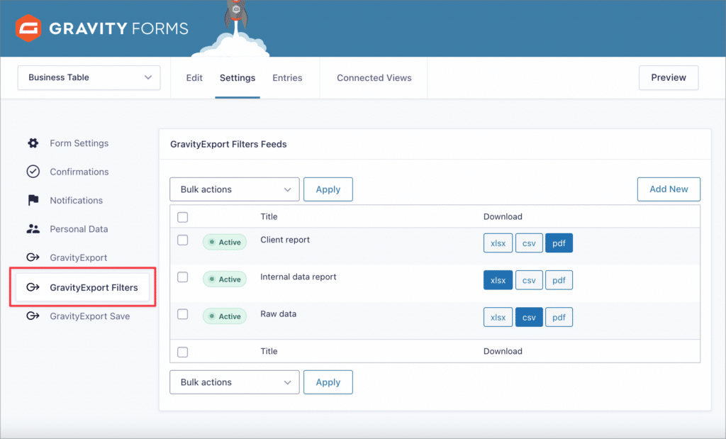 The 'GravityExport Filters' settings page 