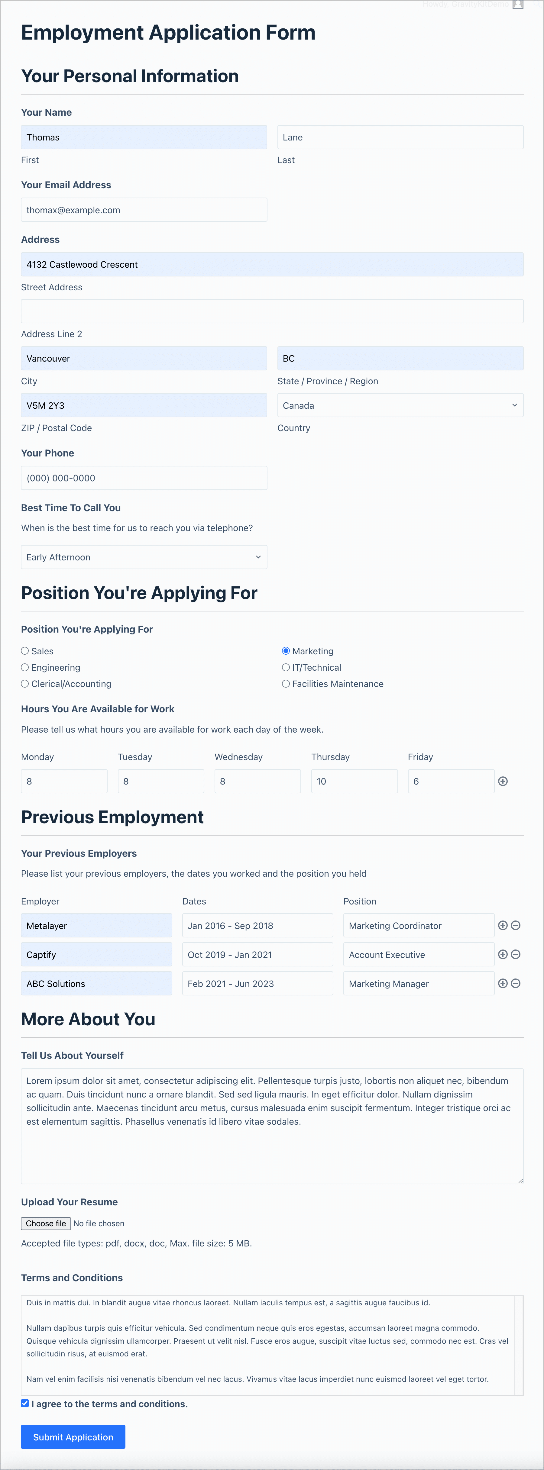 A job application form built using Gravity Forms