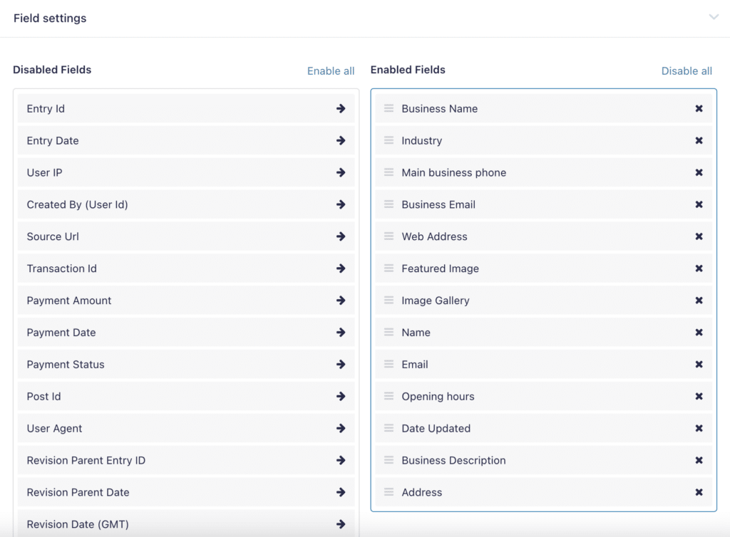 Two columns—one for disabled fields and one for enabled fields