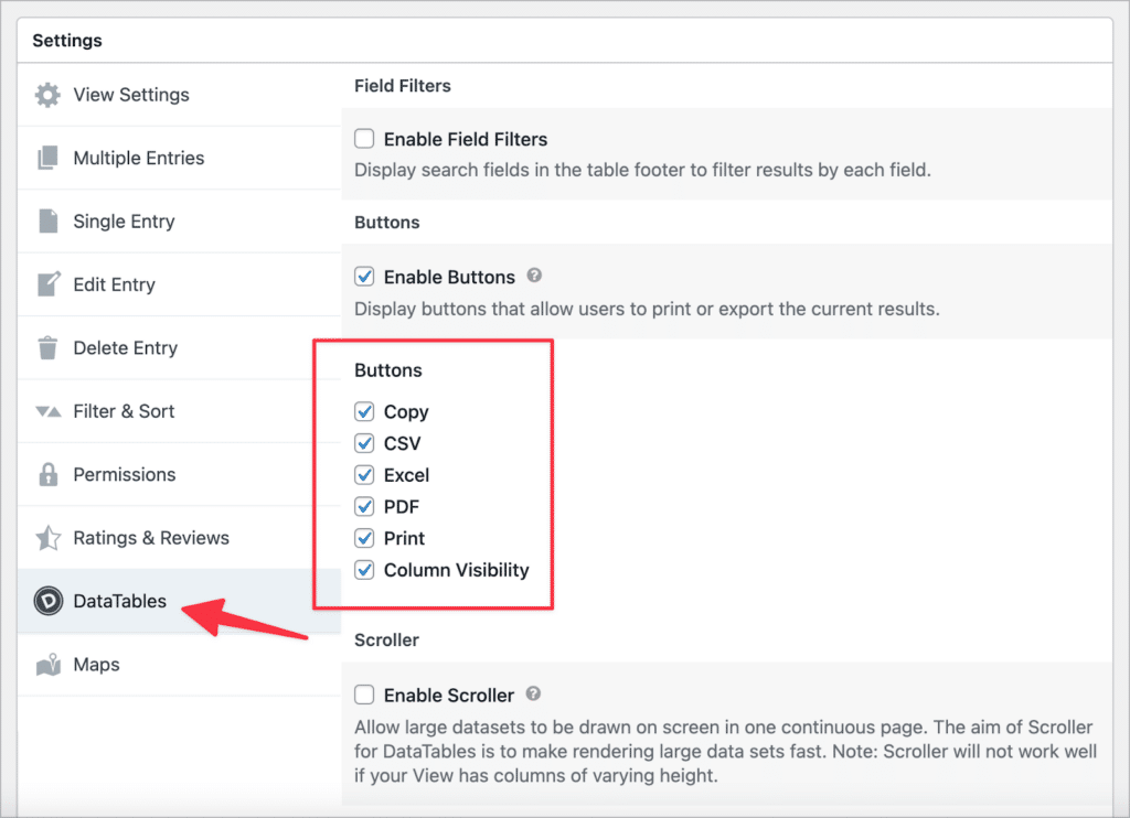 The DataTables settings in the GravityView View settings; there is an option to enable several buttons that allow you to export data to different formats