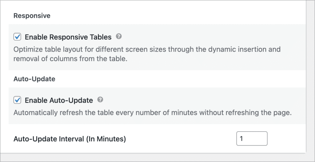 Two checkboxes in the DataTables settings; the first is labeled 'Enable Rsponsive Tables', the second is labeled 'Enable Auto-Update'