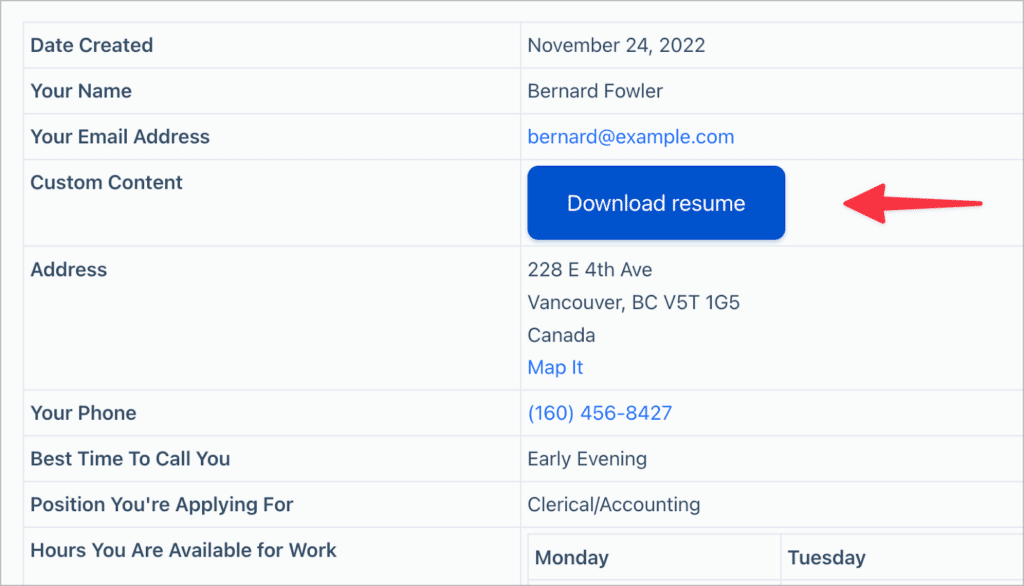 The 'Download resume' button on the Single Entry page in GravityView
