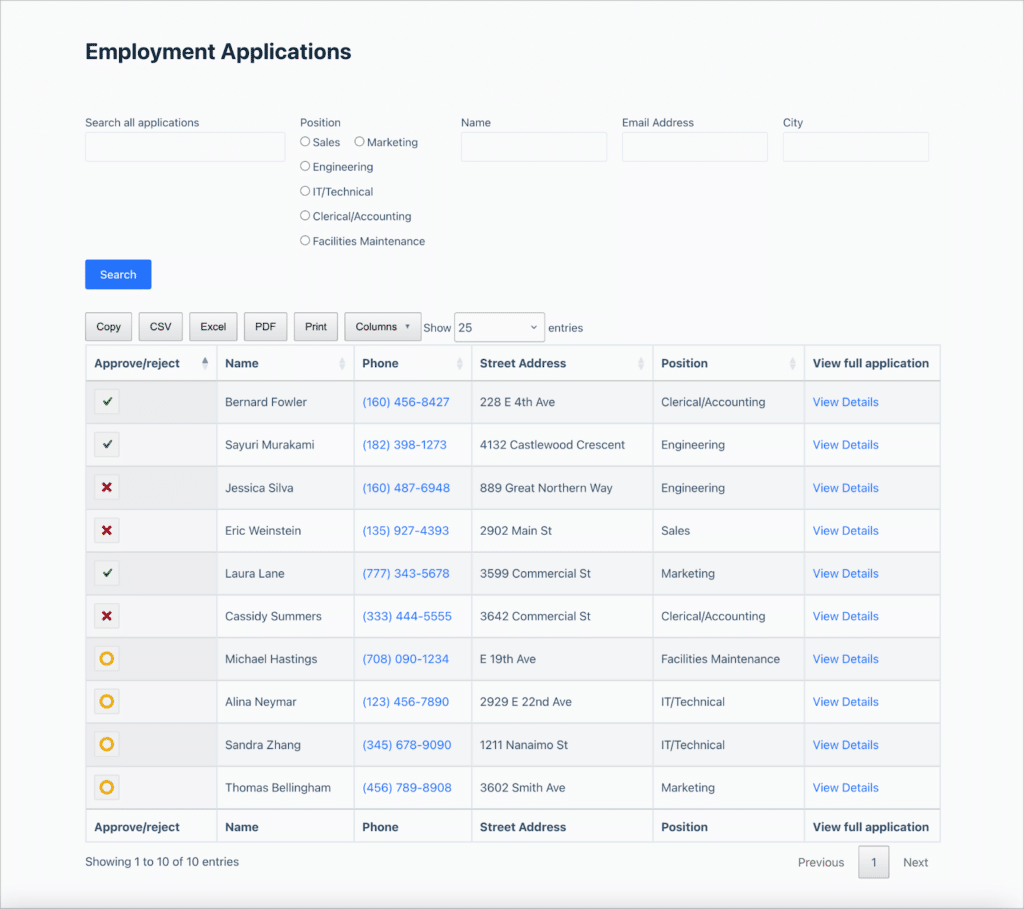 An employment application management system built using the GravityView DataTables layout