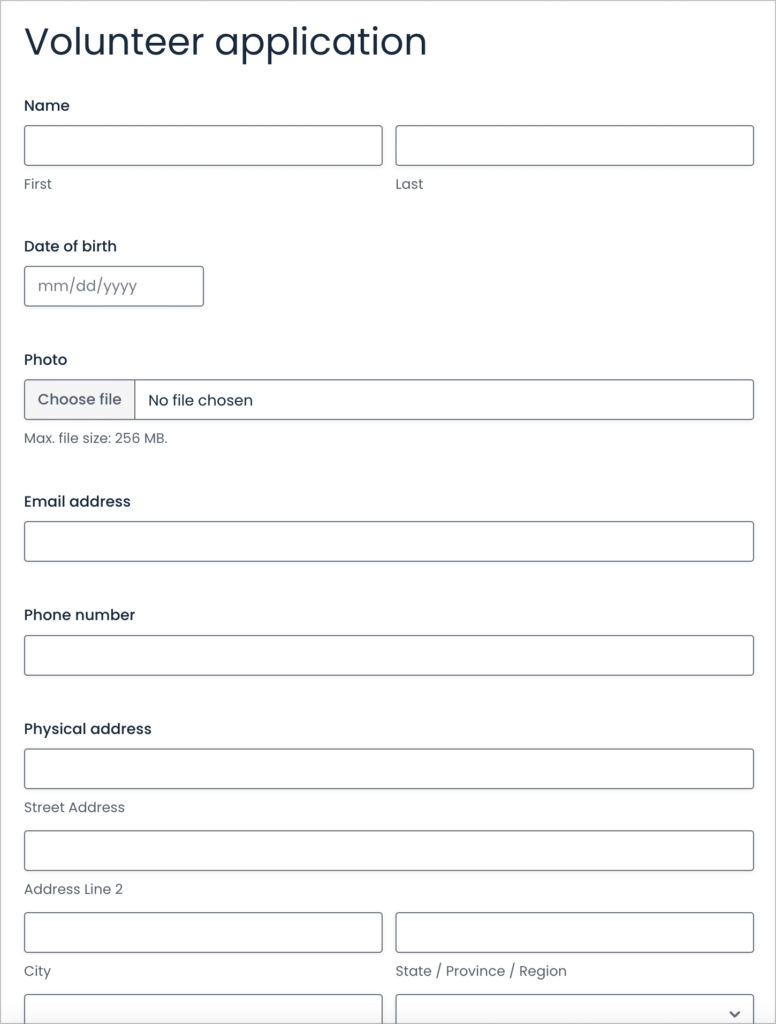 A volunteer registration form built using Gravity Forms