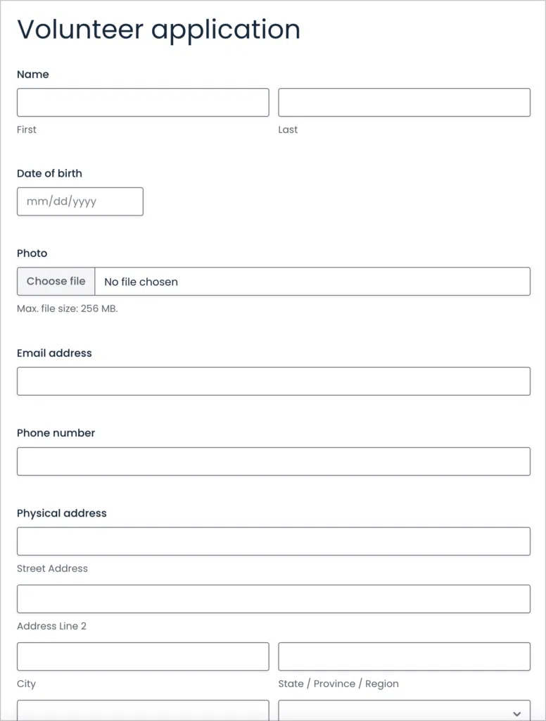 A volunteer registration form built using Gravity Forms