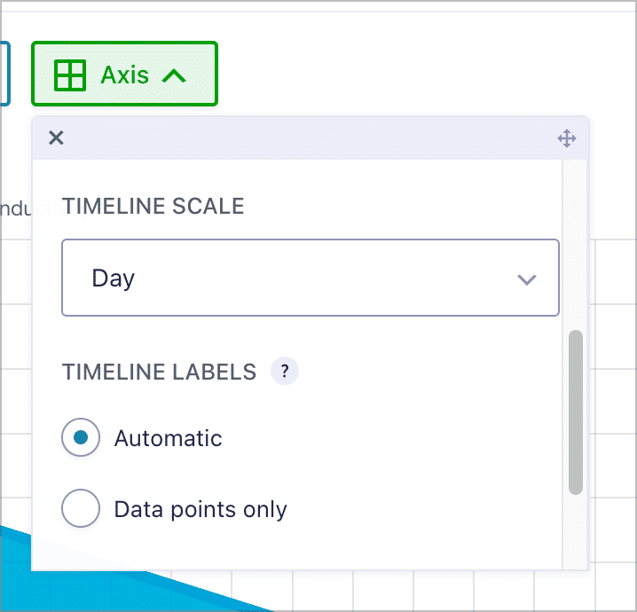 Options for selecting a timeline scale (day, week, month, quarter, or year) and labels (automatic or data points only)