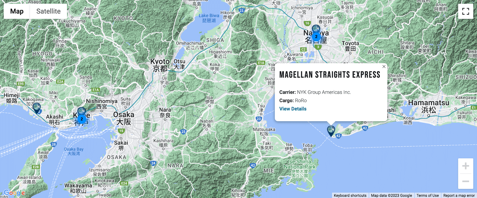 An info box above a marker on a map, showing information about cargo services