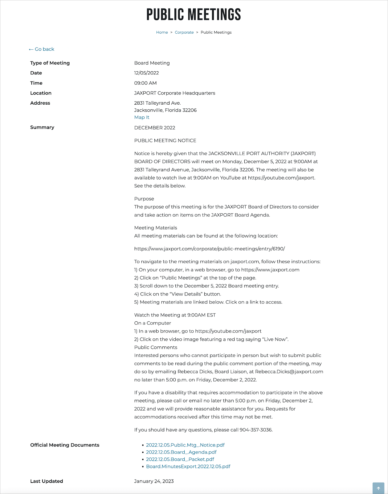 Information about a public meeting conducted by JAXPORT, including associated documents—all data is displayed using GravityView