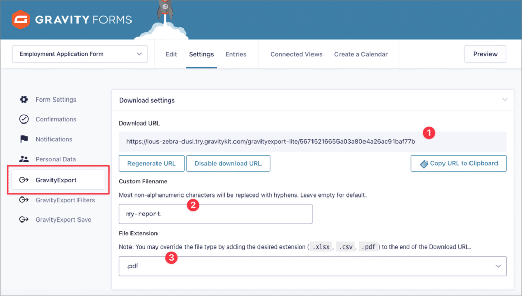 The GravityExport feed settings