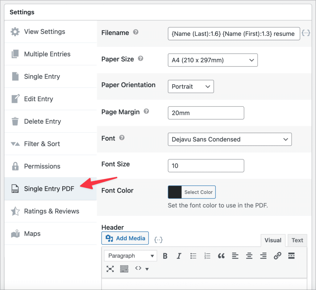 The 'Single Entry PDF' settings in GravityView