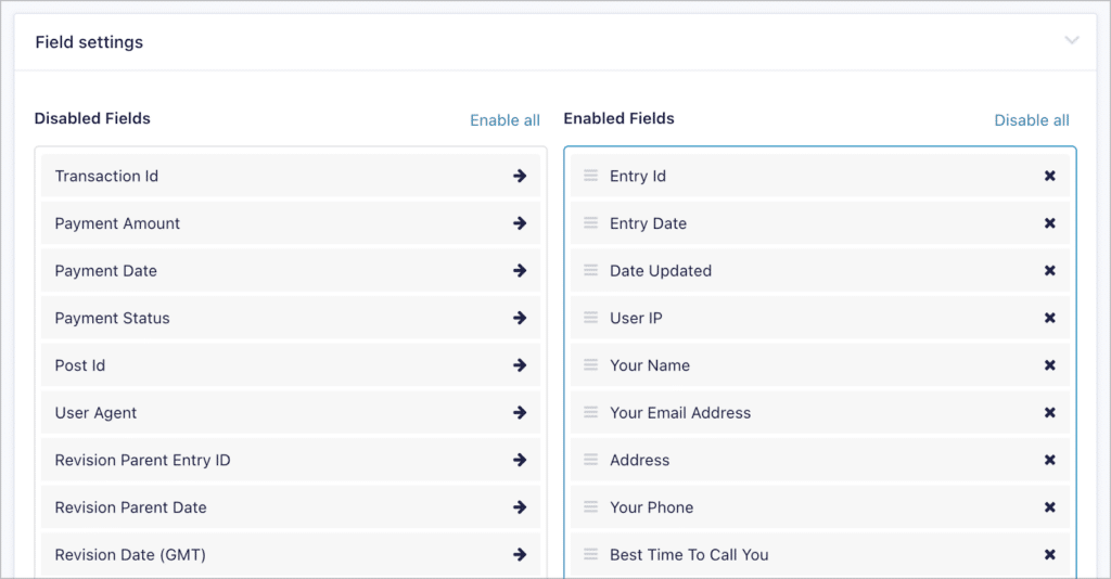 GravityExport field settings, allowing you to select Enabled and Disabled fields