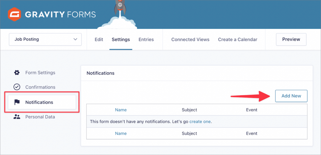 The 'Add New' button for the Gravity Forms 'Notifications' page
