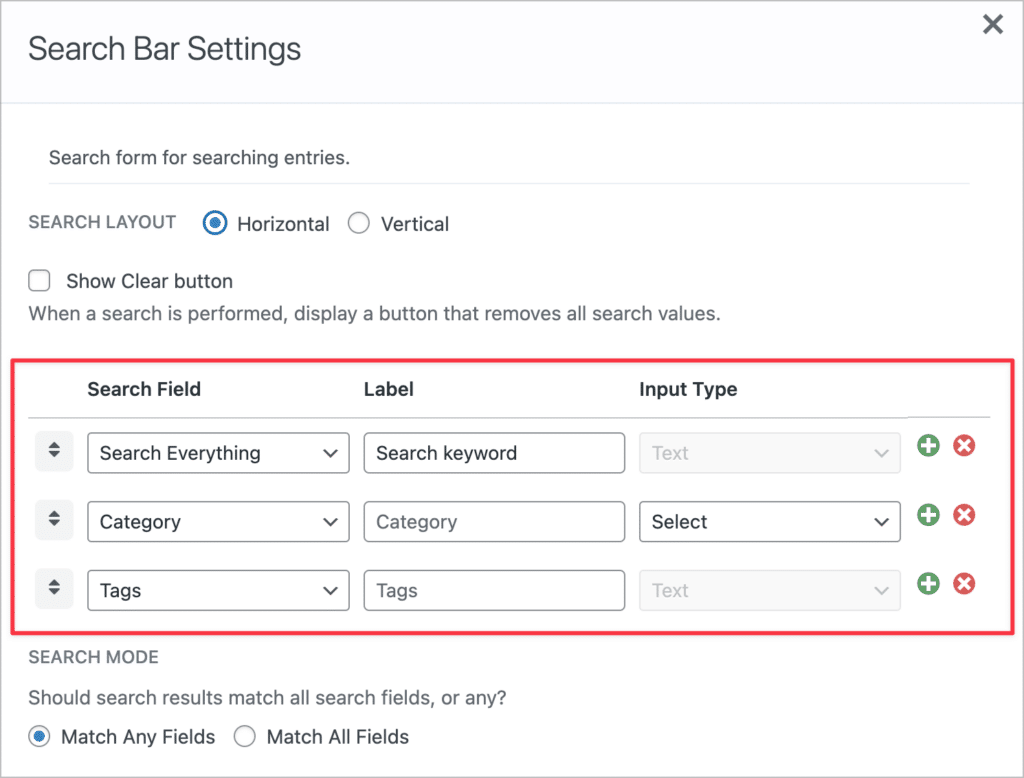 The search settings showing 3 input fields: one for keyword, one for Category, and one for Tags