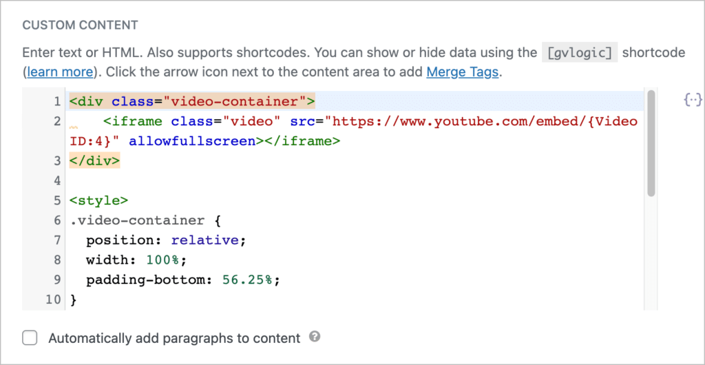 HTML code inside the GravityView Custom Content field 