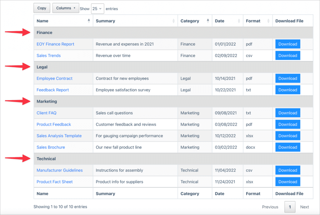 A DataTables table on the front end with rows in groups