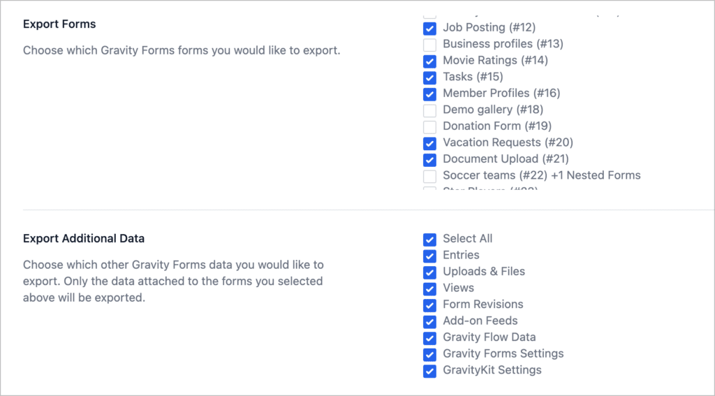 The GravityMigrate export settings—there are checkboxes for selecting which forms and attached data to export