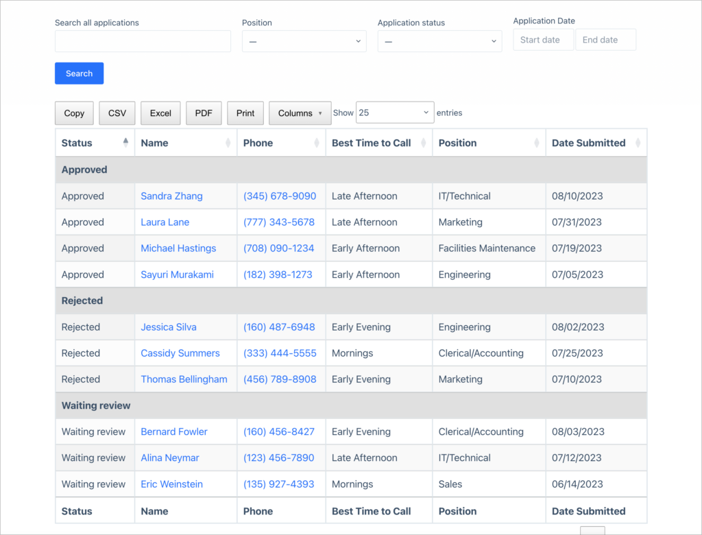 A table of employment applications; there is a search bar at the top and buttons for exporting to CSV, Excel, PDF, etc