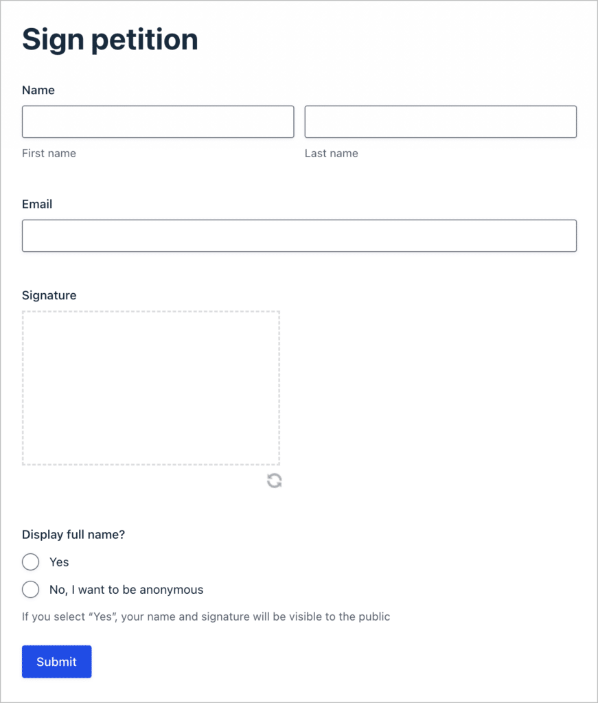 An online petition form, built with Gravity Forms