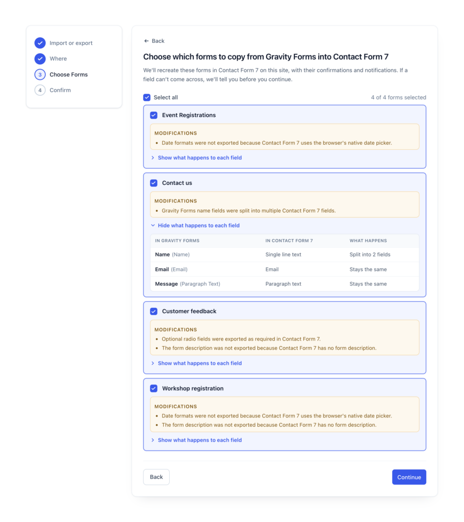 GravityMigrate compatibility report listing what changes in each form before it moves to Contact Form 7
