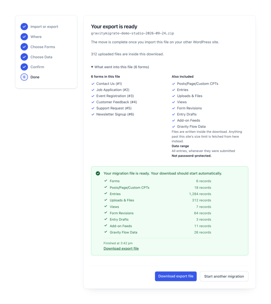 GravityMigrate export finished, listing the records packed into the migration file
