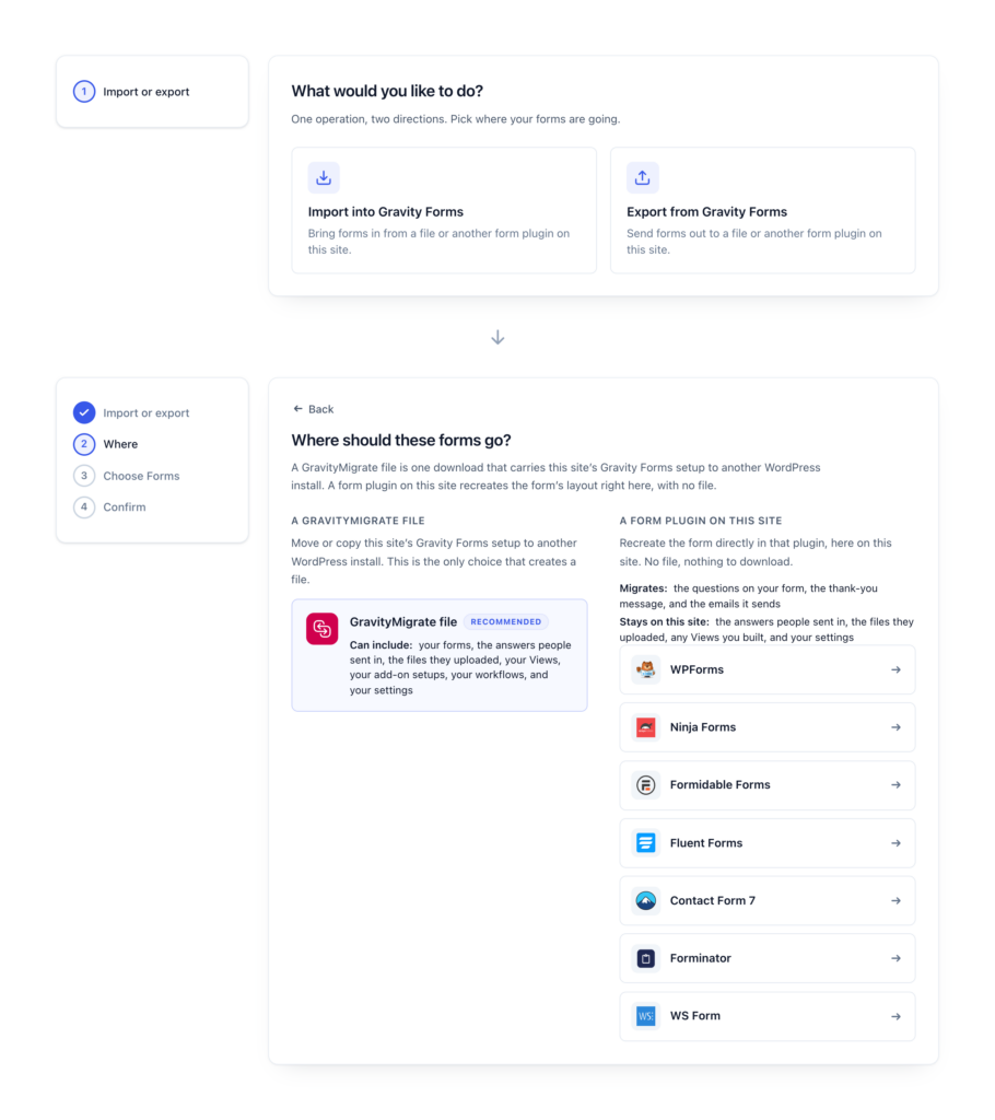 GravityMigrate wizard choosing between a migration file and other form plugins