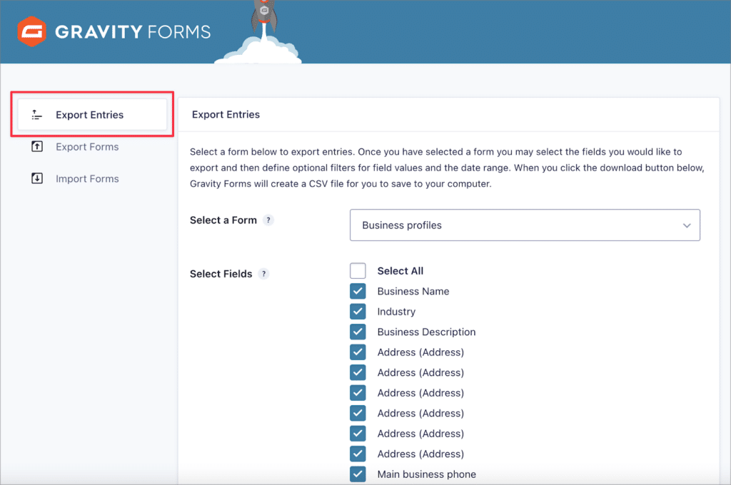 The 'Export Entries' screen in Gravity Forms