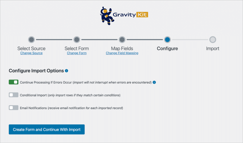 The import options for GravityImport