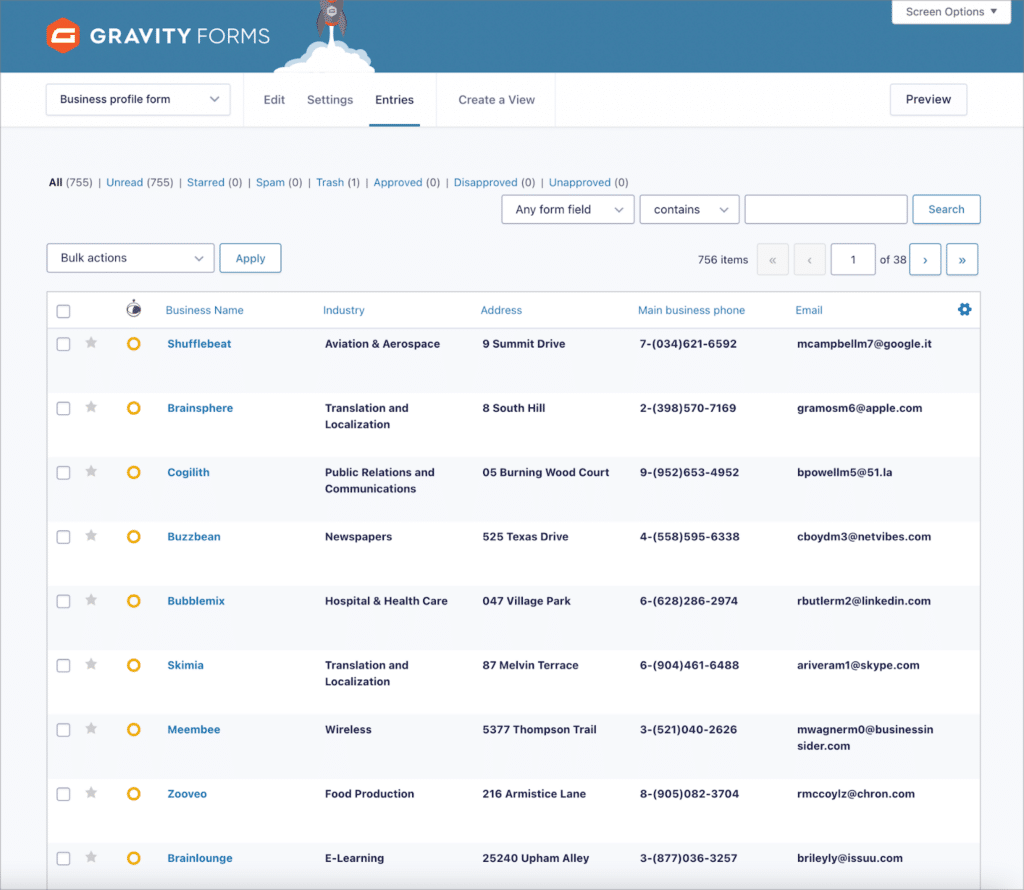 The Gravity Forms entries page, showing the entries imported using GravityImport