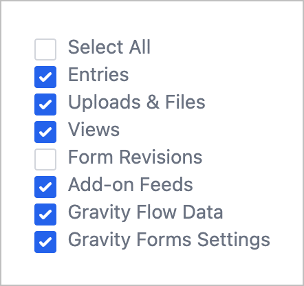 Checkboxes for selecting what data to export using GravityMigrate