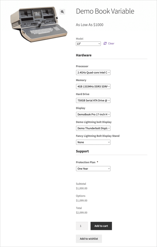 A WooCommerce products with a configuration form built using Gravity Forms
